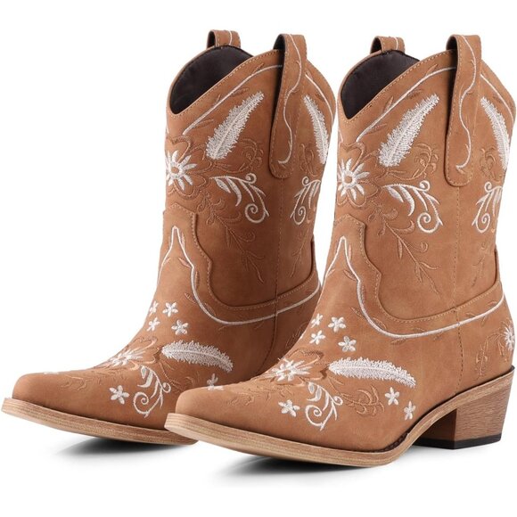 ⚡Women's Light Brown Western Cowboy Boots Intricate White Embroidery Mid Heel - Picture 1 of 6